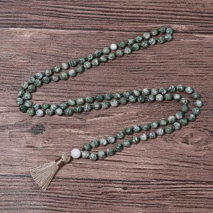 8MM Beads Chakra Long Mala Necklace Natural Stone Meditation Statement Necklace Japa Yoga Buddhist Rosary Prayer Charm Beaded Tassel Necklace - color: Green-spotted stone