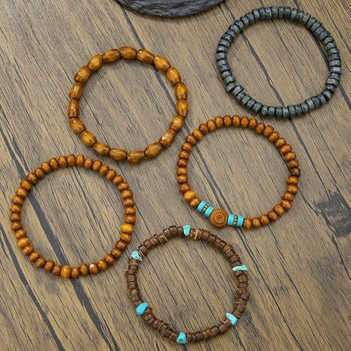 Vintage Multilayer African Turpine Wood Beaded Stretch Bracelets Bohemian Retro Coconut Shell Stackable Elastic Bracelet for Women Men Summer Beach Vacation Holiday Jewelry Gifts - style: StyleF