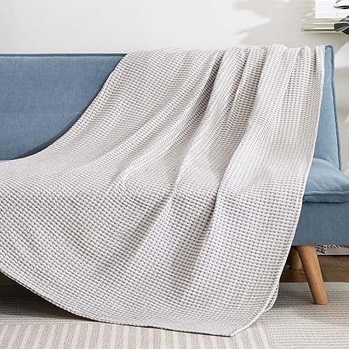 Lightweight Cotton Waffle Blanket Twin Size, Modern Two-Tone Check Pattern, Soft & Breathable for Bed, Couch, Sofa, All Seasons –Gray/White, 60"x80" - color: Gray/White, size: Twin