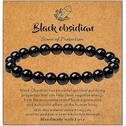MAIBAOTA Healing Crystal Bracelet for Women Men, 8/4 mm Natural Stone Beaded Bracelets, Jewelry Birthday Gifts, Round Gemstones Stretch Bracelets - color: Black-Obsidian, size: 8 mm