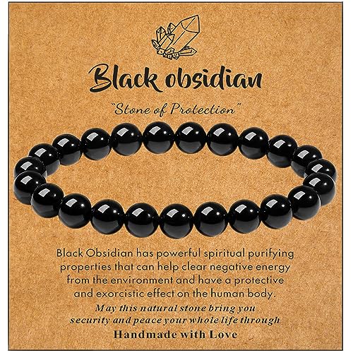 MAIBAOTA Healing Crystal Bracelet for Women Men, 8/4 mm Natural Stone Beaded Bracelets, Jewelry Birthday Gifts, Round Gemstones Stretch Bracelets - color: Black-Obsidian, size: 8 mm