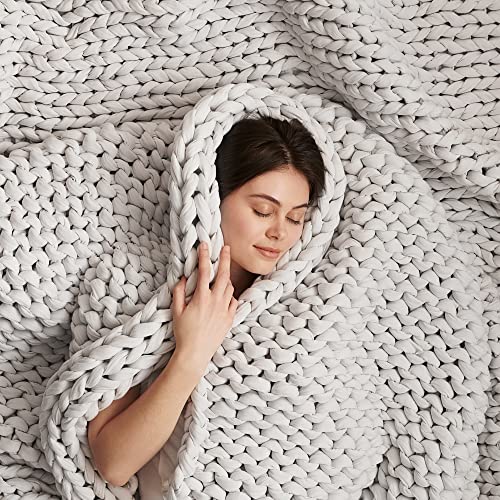 Bearaby Cotton Hand-Knit Weighted Blankets for Adults - Chunky Knit Blanket - Sustainable, Breathable, Organic, Cooling Weighted Blanket - Machine Washable (Moonstone Grey, 15 lbs, 40"x72") - color: Moonstone Grey, size: 15 lbs (40”x72”)