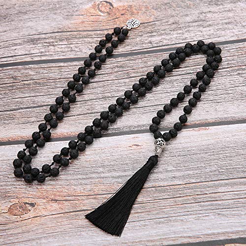 108 Mala Beads Necklace Semi-Precious Gem Stones Meditation Necklace 108 Hand Knotted Japa Mala Beaded Tassel Necklace with Tree of Life Pendant - color: Natural Lava Stone
