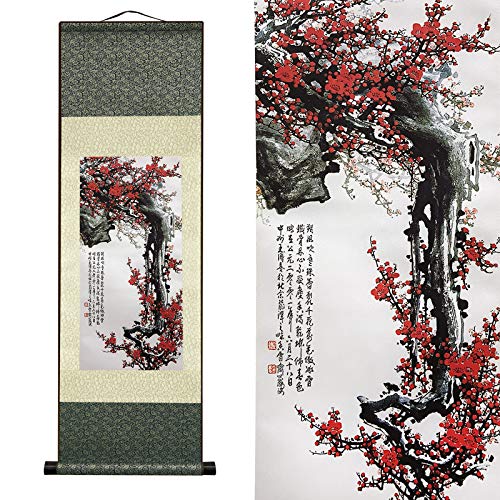 AtfArt Asian Wall Decor Beautiful Silk Scroll Painting Flowers - Proud Plum - Iron Heart Oriental Decor Chinese Art Wall Scroll Wall Hanging Painting Scroll (36.2 x 12 in) - color: C3