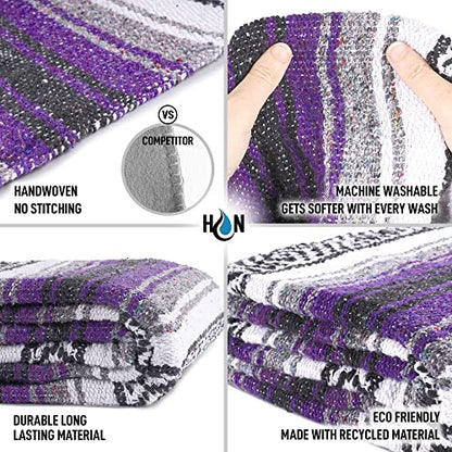 Hydration Nation Authentic Extra Large Mexican Blanket (70"x50") - Handwoven Yoga, Serape - Artisanal Falsa, Beach, Camping, Picnic, Outdoor (Purple) - color: Purple