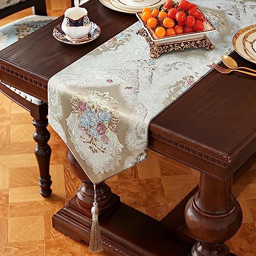 HeMiaor Chenille Jacquard Thick Table Runner Delicate Tassel for Meeting Decor and Dining Table Retro Embroidery Pattern for Christmas Festive Wedding Decoration Beige 60 inches Long - color: Beige, size: 13x60"