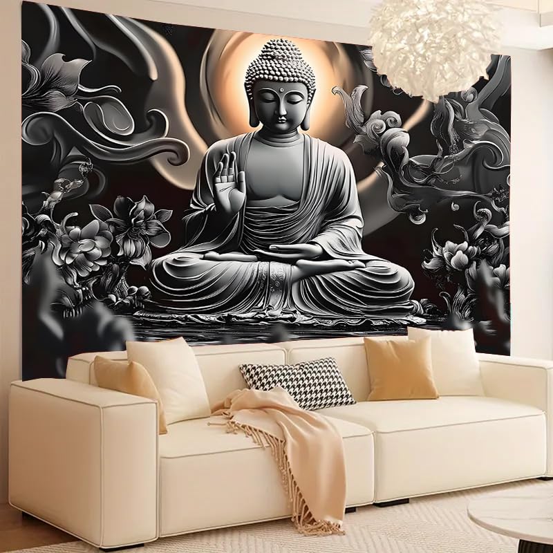 FENDROM Meditation Tapestry,Black Lotus Spiritual Gloden Buddha Zen Happiness Wall Hanging Large Psychedelic Tapestries Decorations Bedroom Living Room Dorm
