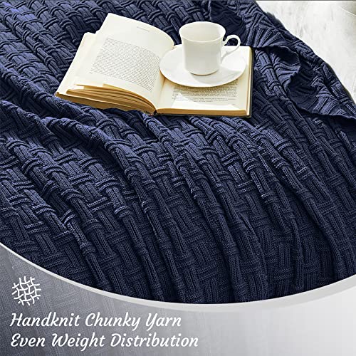 TREELY 100% Cotton Knitted Throw Blanket Couch Cover Blanket(50 x 60 Inches, Navy) - color: Navy Blue, size: Throw (50 in x 60 in)