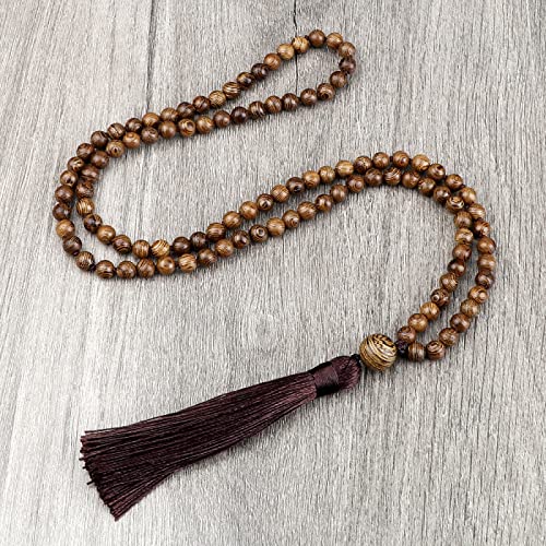 108 Mala Necklace 6mm Red Natural Stone Beaded Tassel Necklace Women Men Yoga Gift,Wooden Bead - color: Wooden Bead