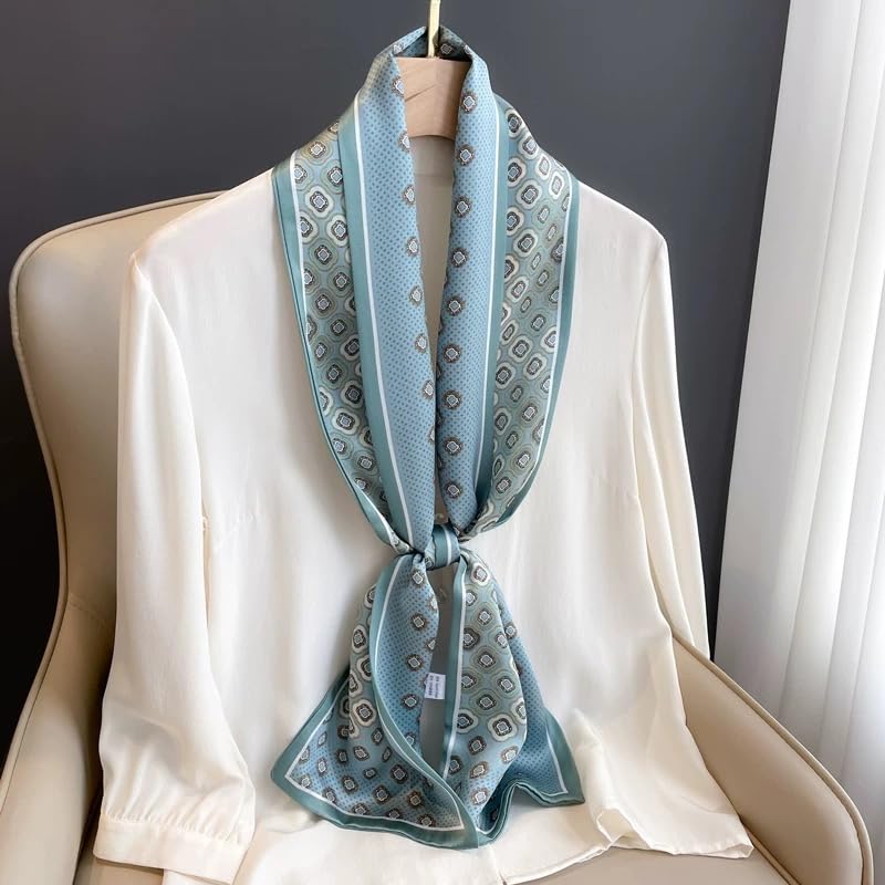 100% Silk Scarf for Women 59”*6.3” Long Shawls for Headscarf and Neck- Oblong Hair Wraps with Gift Packed - color: Blue