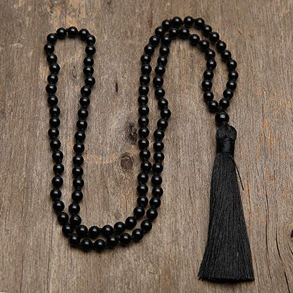 6MM Mala Beads Necklace Natural Amazonite Stone Meditation Statement Necklace Japa Yoga Rosary Prayer Charm Beaded Tassel Necklace - style: Natural Black Agate