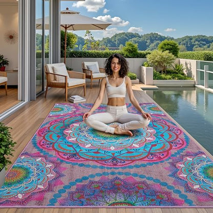 Meditation Indoor Outdoor Rug 4x6 ft Mandala Pattern Rug Boho Style,Yoga Meditation Mat Picnic Rug for Patio Living Room Porch Garden Deck Backyard Easy to Clean Non Shedding Non-Slip