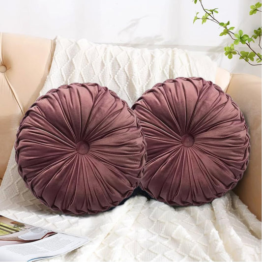 HIG Set of 2 Decorative Round Pleated Throw Pillows,Classy Accent Pumpkin Throw Pillows with Center Button,Vintage Velvet Floor Pillows for Sofa Vanity Chair Bed,Dusty Rose,14.5" Diameter(Ripple) - color: Dusty Rose