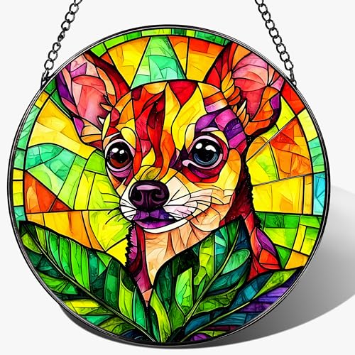 8″ Stained Glass Window Hanging Ornament, Vibrant Chihuahua Stained Glass Suncatcher Ornament, Sun-Catcher Window Decor | Gifts for Dog Lovers, Dog Lover Gift, Pet Lover Gift - color: Chihuahua