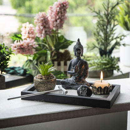 Pacific Giftware Meditation Zen Garden Set with Buddha Statue Artificial Succulent Plant Tea Light Candle Holder White Sand Decorative Wood Display Tray 12" x 3"