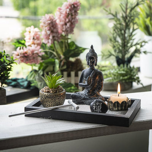 Summit Collection Gifts Zen Garden Meditation Set with Buddha Statue Tea Light Candle Holder Artificial Succulent Plant White Sand Black Wooden Tray 12.5" L