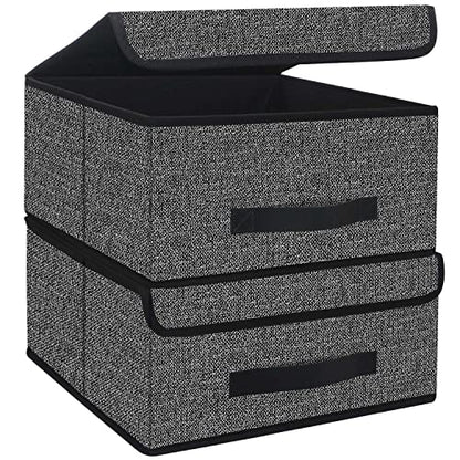 Onlyeasy Foldable Storage Bins Cubes Boxes with Lid - Storage Box Cube Cubby Basket Closet Organizer Pack of Two with Leather Handles for Closet Bedroom, 13"x13", Black, 8MXALB2P