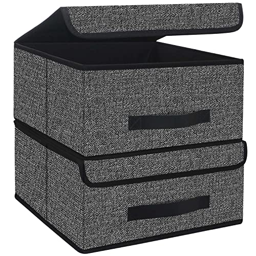 Onlyeasy Foldable Storage Bins Cubes Boxes with Lid - Storage Box Cube Cubby Basket Closet Organizer Pack of Two with Leather Handles for Closet Bedroom, 13"x13", Black, 8MXALB2P