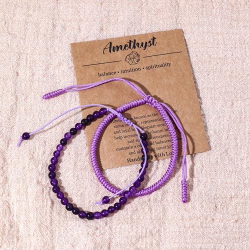 Natural Stone Healing Bracelet Tibetan Braided Style with Adjustable Rope String & Protective Energy Jewelry Gift for Womens & Men - color: Amethyst-Purple