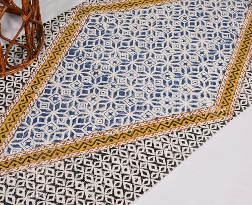2.6x4 Ft Cotton Yoga Mat Rug – Blue Extra Large Hand-Woven Cotton Dhurrie Meditation Rug for Yoga Perfect Runner for Hallway, Kitchen, Living Room Area Runner