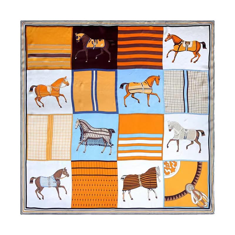 ANDANTINO 100% Silk Scarf 43" Large Square Lightweight Headscarf& Shawl–Women Hair Wraps-With Gift Packed - color: Brown&blue -Horse