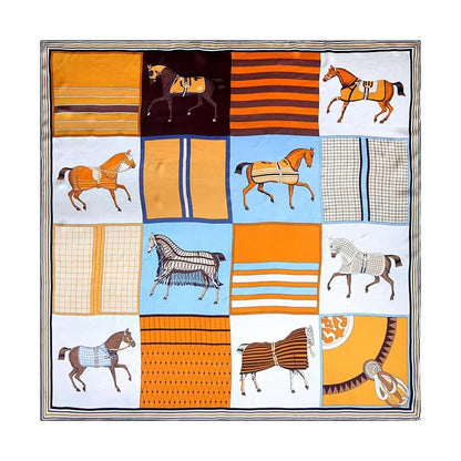 ANDANTINO 100% Silk Scarf 43" Large Square Lightweight Headscarf& Shawl–Women Hair Wraps-With Gift Packed - color: Brown&blue -Horse