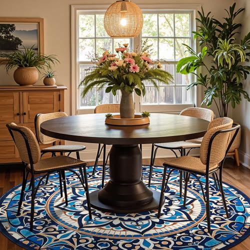 jinchan Mandala Round Rug 8ft Blue Boho Washable Rug Moroccan 8' Round Modern Peaceful Circle Rug Soft Non Slip Large Low-Profile Carpet for Dining Room Living Room Bedroom Patio, Golden Navy - color: Golden Navy, size: 8' (Round)
