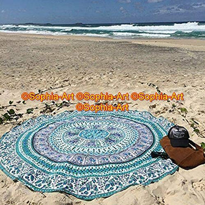 Sophia-Art Green Yoga Mat Beach Picnic Mat Multi-Purpose Cotton Mandala Throw Round Yoga Round Cotton Bohemian Blanket Tablecloth Gypsy Circle Meditation Spread Towel Round (Pattern009, 72 Inches) - size: 72" (Round)