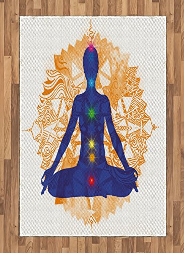 Lunarable Colorful Area Rug, Silhouette of a Body in Yoga Lotus Position with Meditation Yoga Pattern, Flat Woven Accent Rug for Living Room Bedroom Dining Room, 4' X 5' 7", Blue Orange