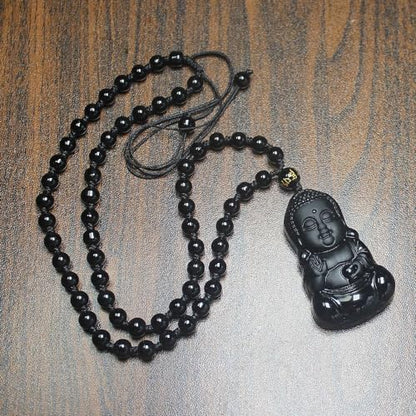 Natural black obsidian rainbow obisidan ice obsidian Maitreya launghing buddha necklace Amulet pendant bead chain - color: black obsidian baby buddha