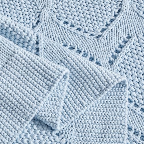 Longhui bedding Chunky Cotton Knit Throw Blanket for Couch, Sofa, Bed, or Chair, Decorative Breathable Fall Cable Knit Blanket 60 x 80 Inches, Light Blue