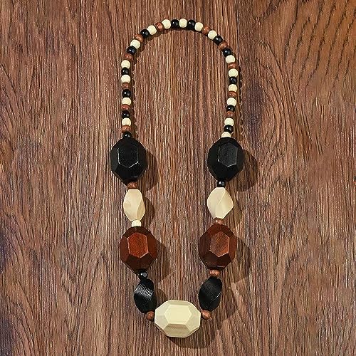 COLORFUL BLING Ethnic Natural Wood Beads Necklace for Men Women Africa Wooden Chain Chunky Strand Necklace Statement Hip Hop Jewelry - color: mix brown black