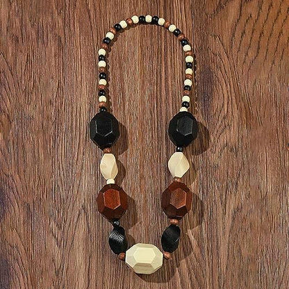 COLORFUL BLING Ethnic Natural Wood Beads Necklace for Men Women Africa Wooden Chain Chunky Strand Necklace Statement Hip Hop Jewelry - color: mix brown black