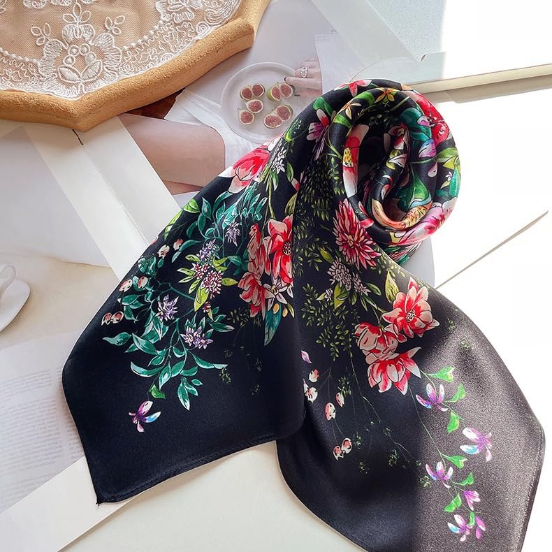 ANDANTINO 100% Mulberry Silk Square Scarf for Hair-25.6" X25.6'' Women Men Natural Silk Neckerchief Digital Printed Headscarf - color: Floral-black