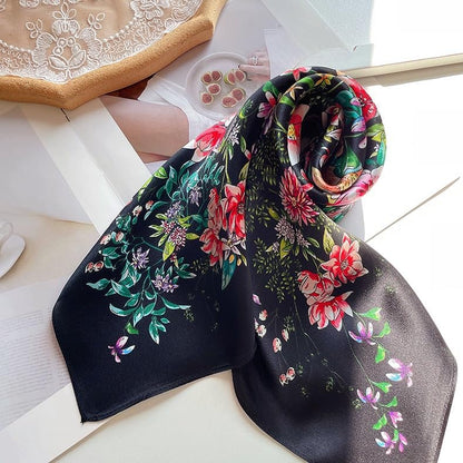 ANDANTINO 100% Mulberry Silk Square Scarf for Hair-25.6" X25.6'' Women Men Natural Silk Neckerchief Digital Printed Headscarf - color: Floral-black