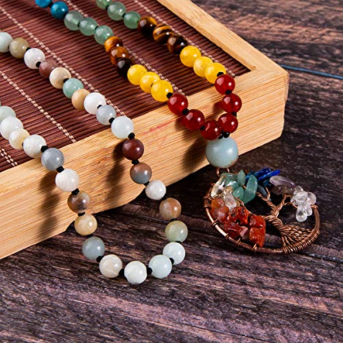 Bivei 108 Mala Beads Necklace Life Tree 7 Chakra Wrap Bracelet Real Healing Gemstone Yoga Meditation Hand Knotted Mala Prayer Bead Necklace - color: Amazonite, size: 6mm
