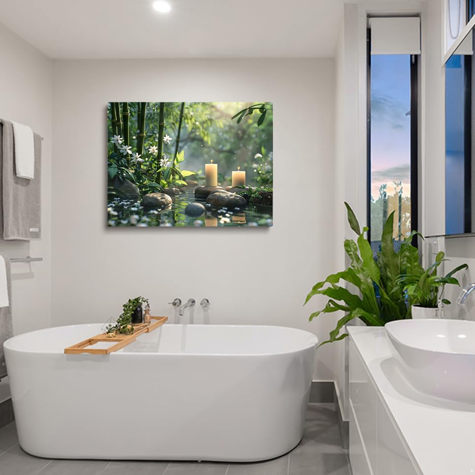 Generic Zen canvas wall art Stacked pebbles and green bamboo candle painting meditation spiritual poster Relaxing spa Room decorated with modern bathroom office decor 11x14in Unframed