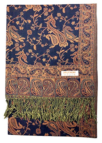 Plum Feathers Tapestry Ethnic Paisley Pattern Pashmina Shawl Scarf, Womens Pashmina Shawl Wrap with Fringes - color: Navy Orange Floral Paisley