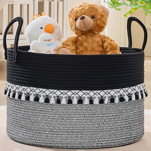 KAKAMAY Cotton Rope Storage Basket (20"x13"),Woven Hamper for Blankets,Toys,Pillows,Clothes,Laundry,Sturdy Handles Decorative Basket for Living Room, Bedroom,Nursery(Black Printing) - color: Black Fringe
