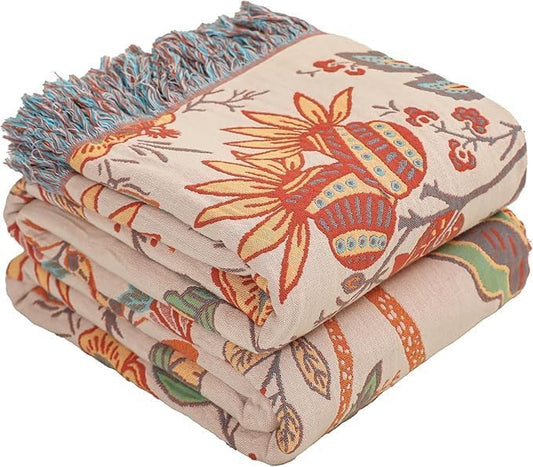 Boho Fall Throw Blanket for Bed，100% Ultra Cotton Soft Breathable Bed Throw Floral Printed Farmhouse Decor Rustic Bed Throws for Couch Sofa Quilt 90" x 98"-Orange& Sage Green - color: Boho Flower-b, size: 90"x98"