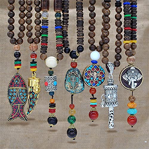 Wooden Bead Necklace Multicolor Bead Charms Elephant Fish Pendant Necklace Boho Handmade Nepal Mala Wood Beads Meditation Prayer Necklace for Women Men Jewelry-A