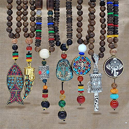 Wooden Bead Necklace Multicolor Bead Charms Elephant Fish Pendant Necklace Boho Handmade Nepal Mala Wood Beads Meditation Prayer Necklace for Women Men Jewelry-A