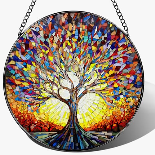 Stained Glass Window Hanging, 8 in Tree of Life Sun Catchers Indoor Window, Stained Glass Suncatcher, Gifts for Women, Her, Wife, Friend and Mom for Mother's Day, Christmas, Birthday - color: Tree of Life