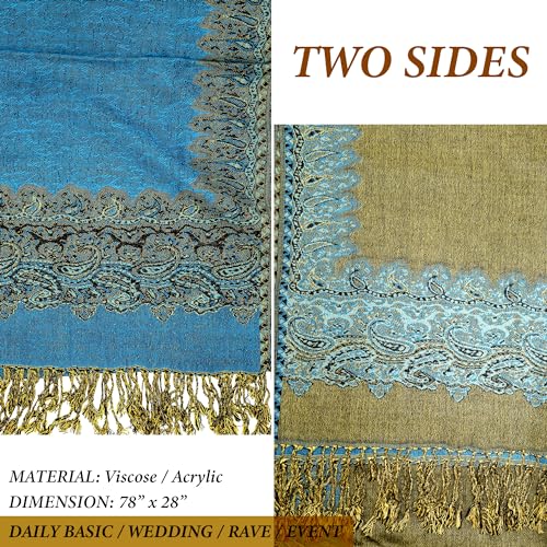 Achillea Reversible Paisley Pashmina Rave Scarf – Exotic Indian Shawls and Wraps for Evening Dresses, Festivals, All Seasons - color: Border Turquoise
