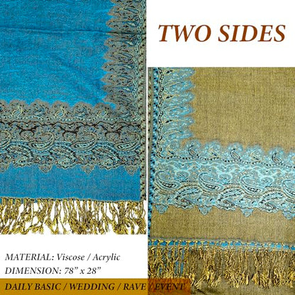 Achillea Reversible Paisley Pashmina Rave Scarf – Exotic Indian Shawls and Wraps for Evening Dresses, Festivals, All Seasons - color: Border Turquoise