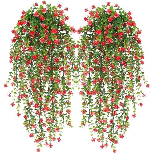 WEISPARK Artificial Hanging Flowers, 4pcs Fake Eucalyptus Vine Faux Flower Greenery Garland Plastic Plants for Indoor Outdoor Wall Garden Wedding Home Party Decor - color: Red-4pcs