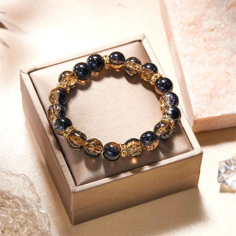 LANG XUAN Beaded Stretch Bracelets for Women Men Healing Crystal Stone Bracelet Bead Adjustable Unisex Gemstones Bracelets 10MM Weave Jewelry Gifts - color: 2pcs Black brown