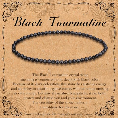 BONNY BOXX Natural Genuine Gemstone Faceted Round Beads Bracelets, 3mm Adjustable Stretchy Tiny Faceted Black Tourmaline Bracelet, Healing Crystal Reiki Chakra Dainty Jewelry Fashion Gifts - color: Black Tourmaline
