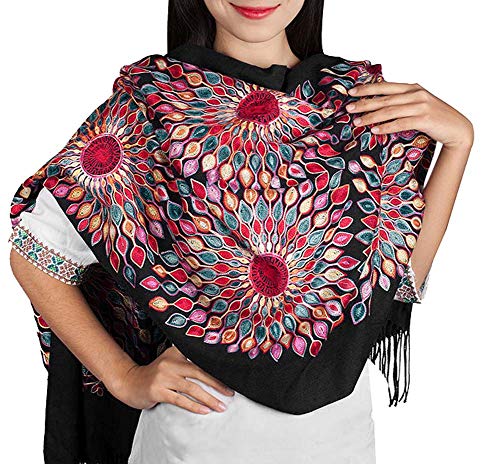 Urban CoCo Women's Embroidered Oversize Tassel Shawl Scarf Wraps for Women - color: Black