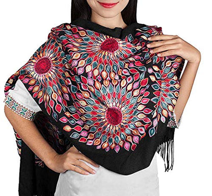 Urban CoCo Women's Embroidered Oversize Tassel Shawl Scarf Wraps for Women - color: Black